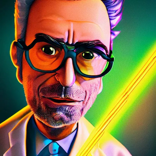 Prompt: portrait art of rick sanchez, rick and morty, lab coat and tee shirt, lens flare, atmosphere, glow, detailed, intricate, full of colour, cinematic lighting, 4 k, hyperrealistic, focused, extreme details, cinematic, masterpiece