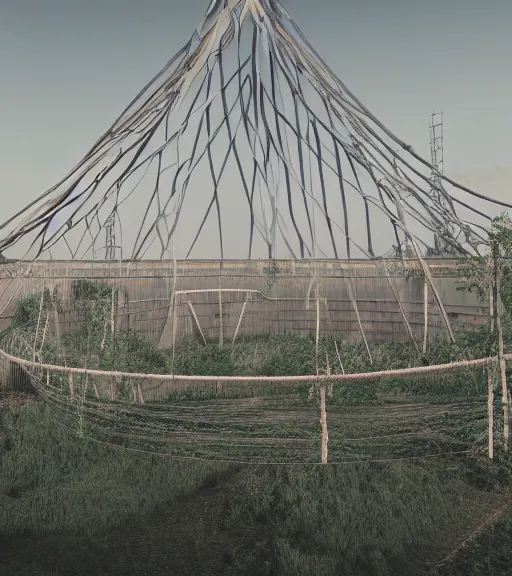 Image similar to hemp ropes in structure, former gasometer in rome, white sheets, trending on artstation, behance, octane render, award winning, archviz, matte painting, epic