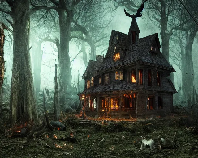 Image similar to the scariest witches house in the scariest dark forest, scary animals in the forest, epic scene, dark, scary, horror, frightening, fantasy, cinematic, redshift render, cgi, hyper - detailed, photo - bash, 8 k post - production, masterpiece