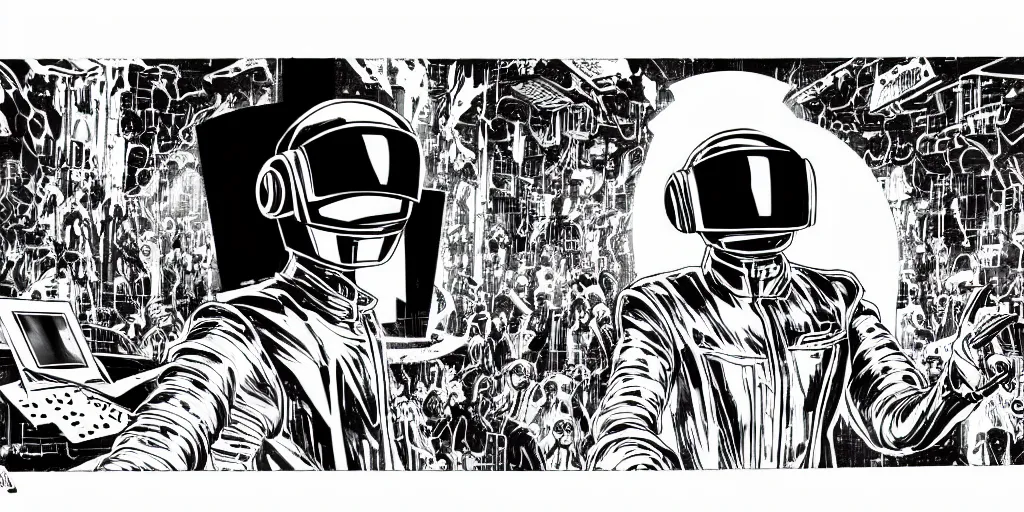 Image similar to detailed black ink manga artwork of 2 Daft Punk robot rock using Apple notebook Macbook at an underground warehouse rave in Ibiza, playing techno house music, thousands of beautiful girls in bikini dancing, in the style of manga illustration, wires, speakers, black and white ink