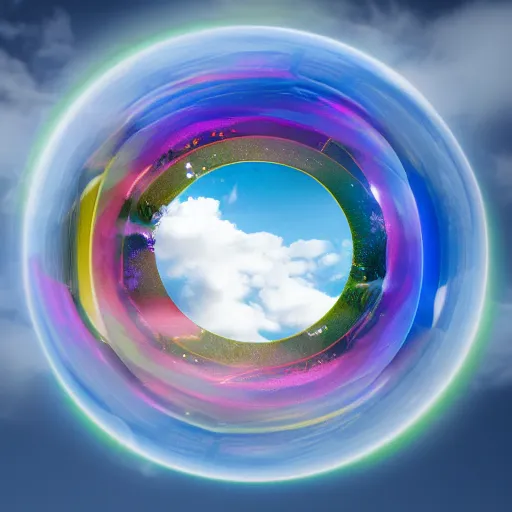 Image similar to A photograph of the Windows XP Bliss wallpaper inside of a giant floating soap bubble, floating in a blue and cloudy sky.