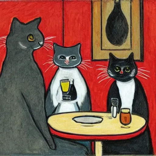 Prompt: three cats drinking in a bar, Munch
