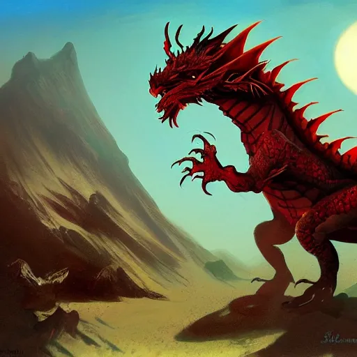 Prompt: vibrant dragon in a desert landscape, digital painting, by seb mckinnon, frank frazetta