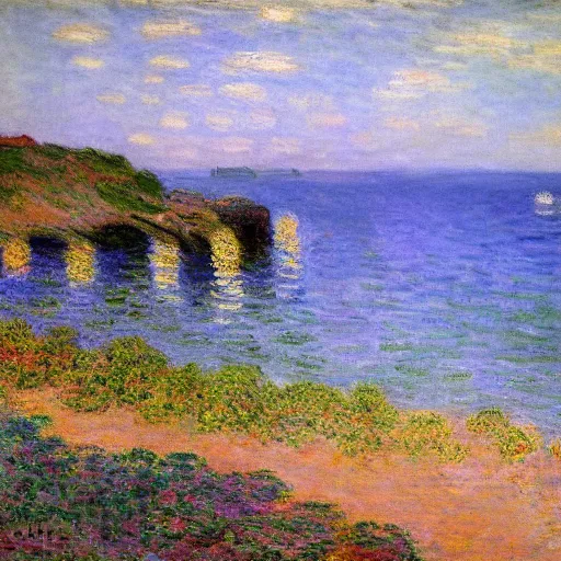 Prompt: a coastal landscape painted by claude monet