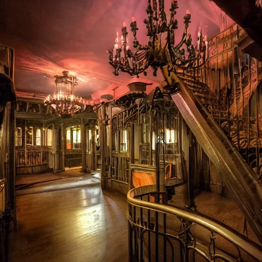 Prompt: inside the haunted mansion at disneyland, it is now a prison,