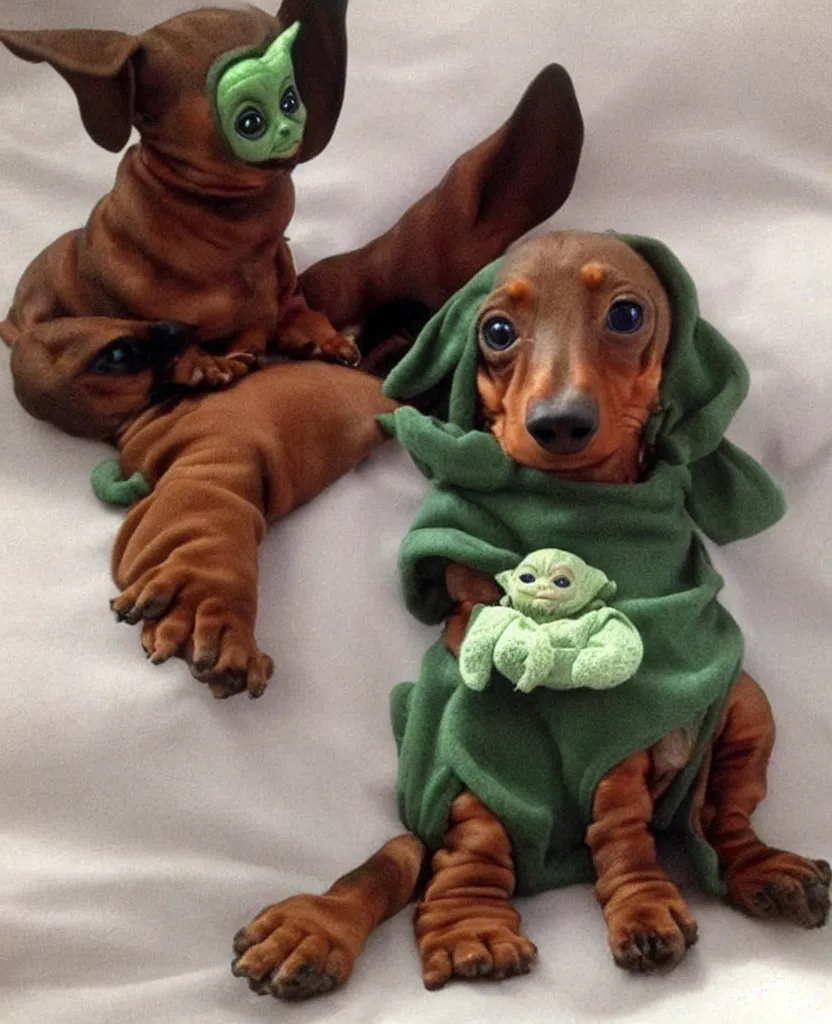 Image similar to a dachshund dressed as Baby Yoda,