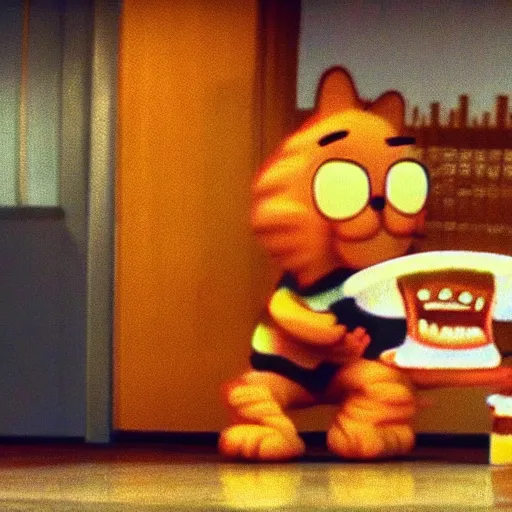 Prompt: a low-res image of garfield dancing