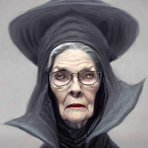 Prompt: granny weatherwax, an old lady, a witch, with a sharp face and a piercing expression. she is wearing a tall black pointed witch hat. beautiful painting with highly detailed face by greg rutkowski and raymond swanland