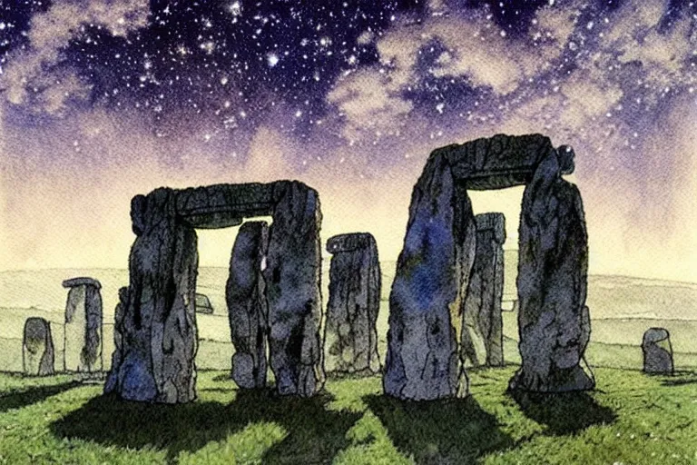 Image similar to hyperrealist studio ghibli watercolor fantasy concept art of a 1 0 0 ft. giant sittong on stonehenge. it is a misty starry night. by rebecca guay, michael kaluta, charles vess