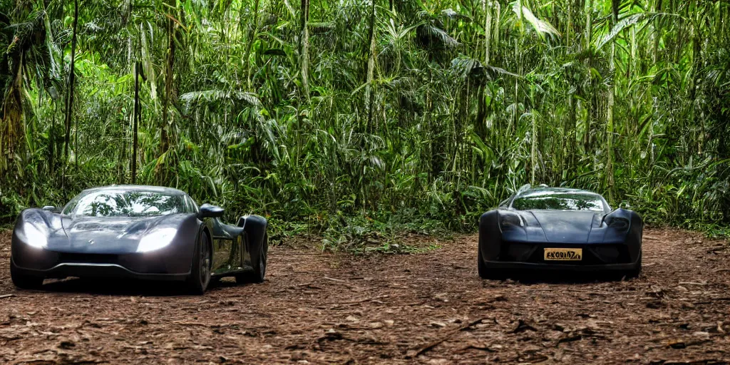 Prompt: a real photograph of a supercar running in the Amazon forest