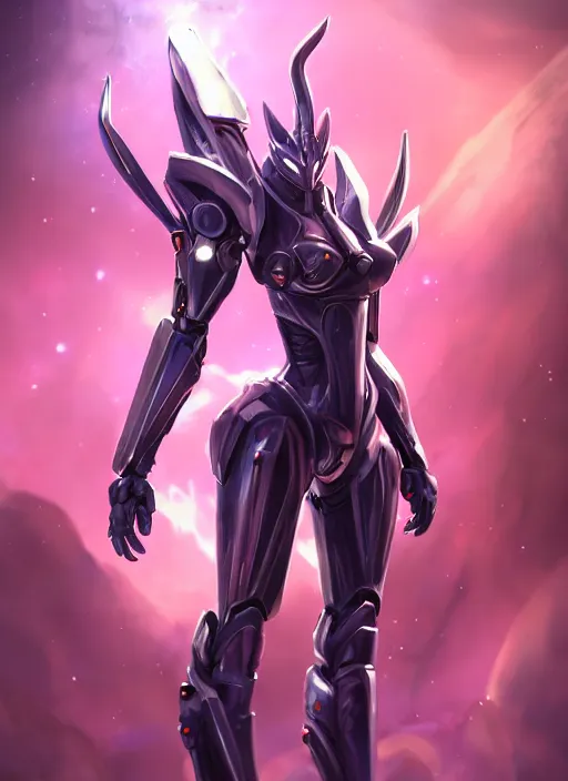 Image similar to cinematic full body, cosmic sized beautiful stunning elegant hot giant robot mecha female dragon goddess, sharp sleek cyborg dragon head, sharp metal ears, smooth purple eyes, smooth fuschia skin, smooth silver armor, nebula, epic proportions, epic scale, macro furry, furry art, dragon art, goddess art, giantess art, warframe fanart, furaffinity, octane