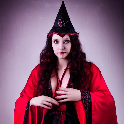 Prompt: photo of a beautiful magical witch woman wearing red robes, CANON Eos C300, 15mm, very detailed, beautiful atmospheric lighting, studio photography