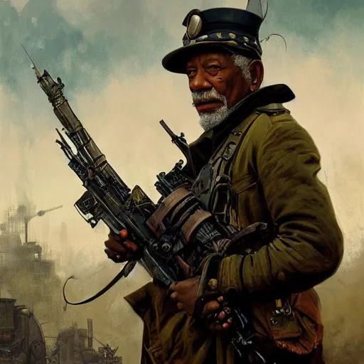 Image similar to Morgan Freeman as a Dieselpunk Steampunk soldier, intricate, highly detailed, digital painting, artstation, concept art, sharp focus, illustration, art by greg rutkowski and alphonse mucha