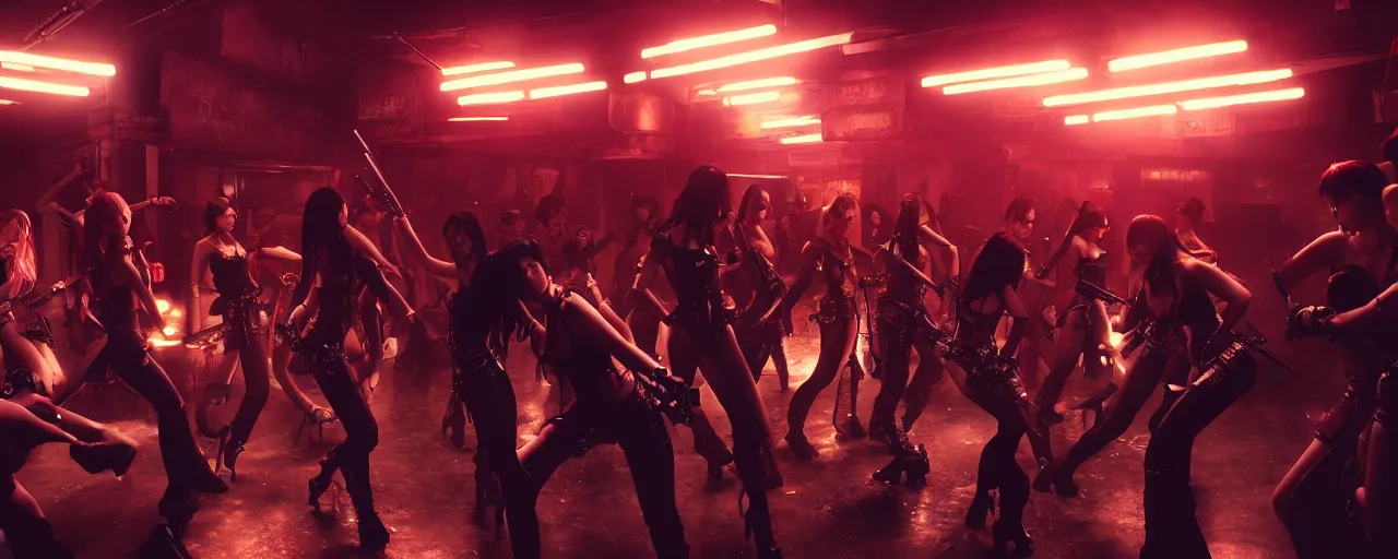 Image similar to epic highly detailed photo of gangs of girls fighting in cyberpunk night adult club, 3 5 mm, guns blasting, low angle, blade runner, akira, cinematic angle, cinematic lighting, reflections, action, battle