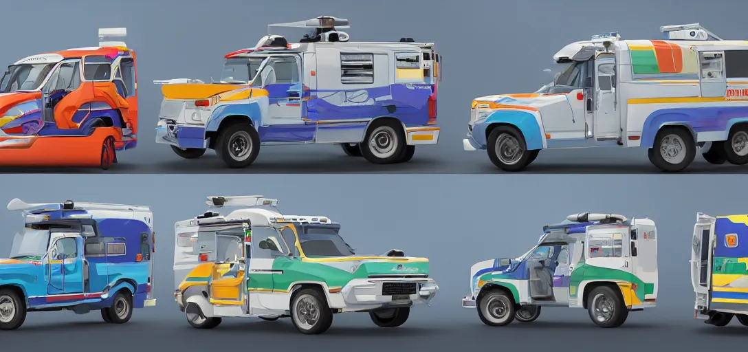 Image similar to retro medical vehicles concept art, colorful, 8 k photorealistic, hd, high details, trending on artstation