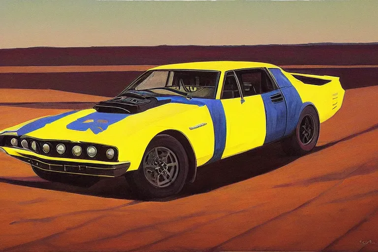 Prompt: painting of mad max's pursuit special, the last v 8 interceptor, grant wood, pj crook, edward hopper