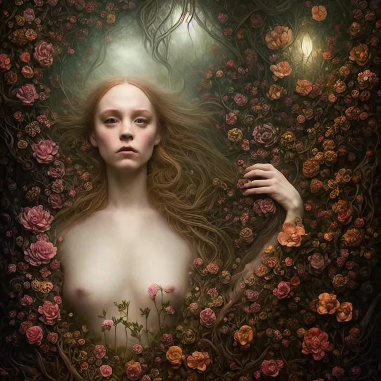 Image similar to ophelia's epic professional digital art, volumetric atmospheric lighting, painted, intricate, detailed, fabulous, kind, leesha hannigan, wayne haag, reina rocin, ignacio fernandez rios, mark ryden, iris van herpen,, epic, stunning, magnificent, a lot of wow, cinematic, masterpiece