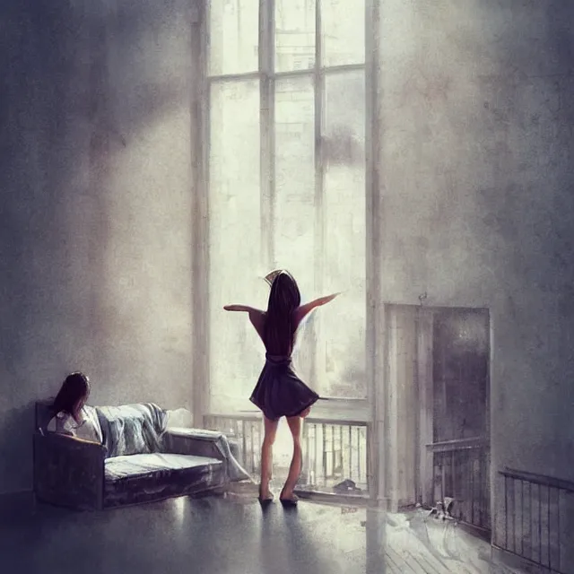 Image similar to window, woman, buildings, surprise, scared, couch by wlop, artgerm, greg rutkowski, evocative, highly detailed