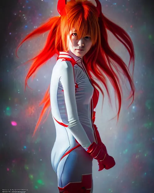 Image similar to asuka langley soryu wearing plugsuit, award winning photograph, radiant flares, realism, lens flare, intricate, various refining methods, micro macro autofocus, evil realm magic painting vibes, hyperrealistic painting by michael komarck - hollywood cosplay