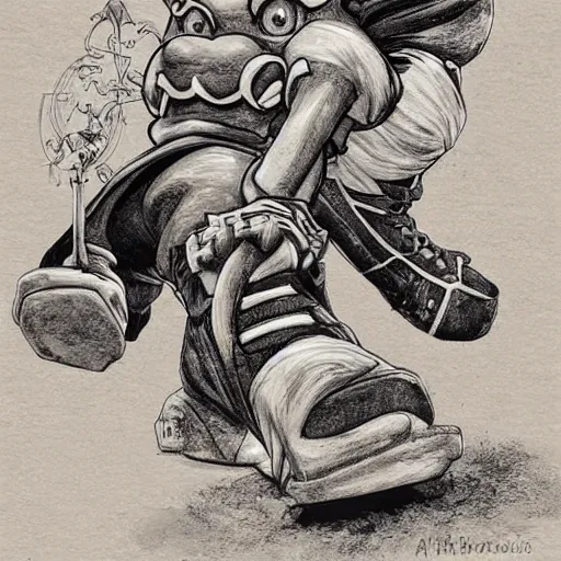 Image similar to mario stomping on a goomba, line art black and white, art by artgerm and greg rutkowski and alphonse mucha