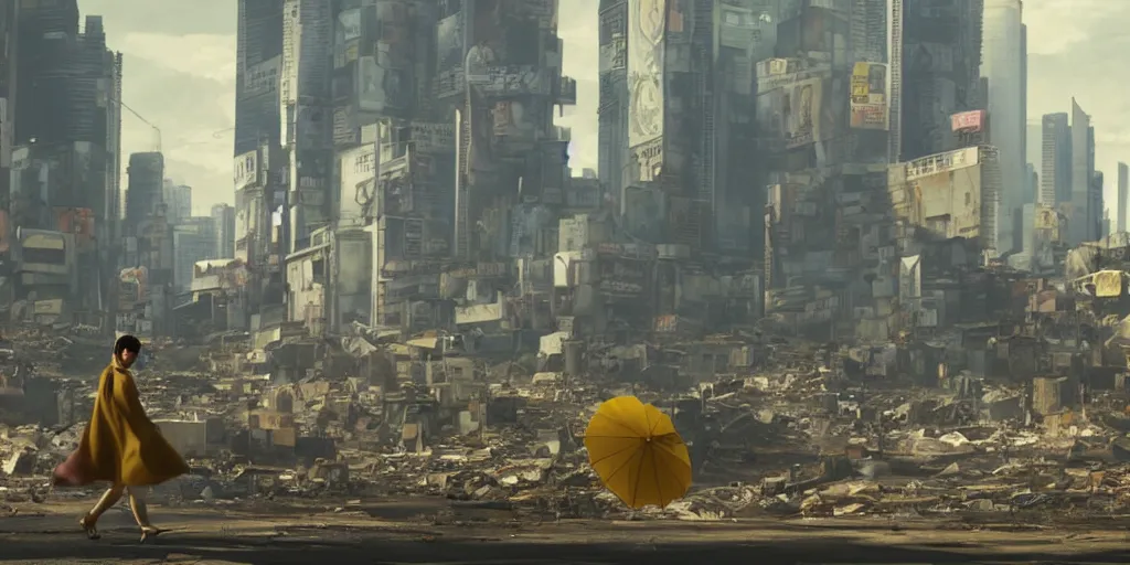 Image similar to incredible wide screenshot, ultrawide, simple watercolor, rough paper texture, ghost in the shell movie scene, backlit distant shot of girl in a parka running from a giant robot invasion side view, yellow parasol in deserted dusty shinjuku junk town, broken vending machines
