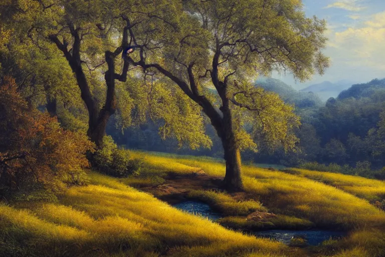 Image similar to masterpiece painting of oak trees on a hillside overlooking a creek, dramatic lighting