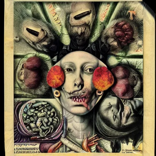 Image similar to post - punk new age album cover, asymmetrical design, frame of a dollar bank notes, capitalism, magic, apocalypse, psychedelic, black white pink, magic, giger h. r., giuseppe arcimboldo