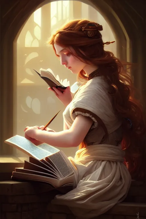 Prompt: photography alexey kurylev, a girl reading a book, gentle, deep focus, d & d, fantasy, complex, elegant, highly detailed, digital painting, artstation, concept art, matte, clear focus, illustration, hearthstone, artgerm art, greg rutkovsky and alphonse mucha