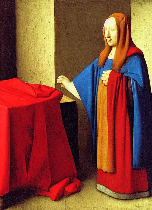 Image similar to red cloth, medieval painting by jan van eyck, johannes vermeer