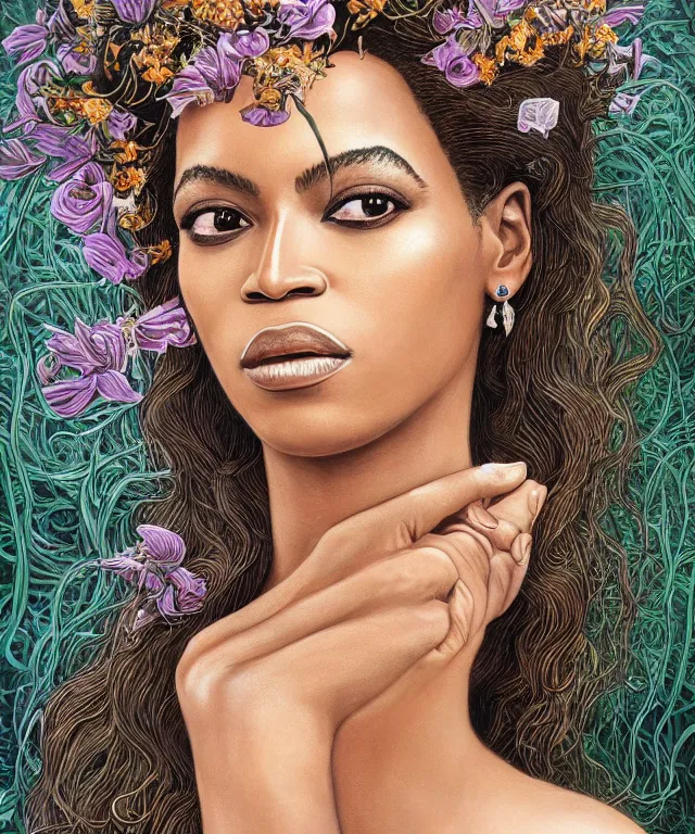 Image similar to facial portrait of Beyonce as a young pretty woman in flowing dress, arrogant, mysterious, long fine flowing hair, delicate, looking at camera, slightly awkward smile, realistic face, no hands visible, intricate, stylish, elegant, grimdark fantasy, flowers, extremely detailed painting by Martine Johanna and Ernst Haeckel and Greg Rutkowski