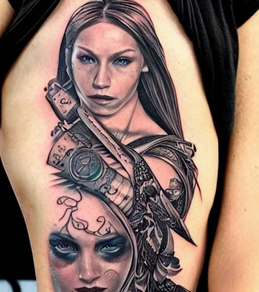 Image similar to tattoo design of a hyper realistic beautiful girl warrior, hyper detailed, in the design of eliot kohek, on white background