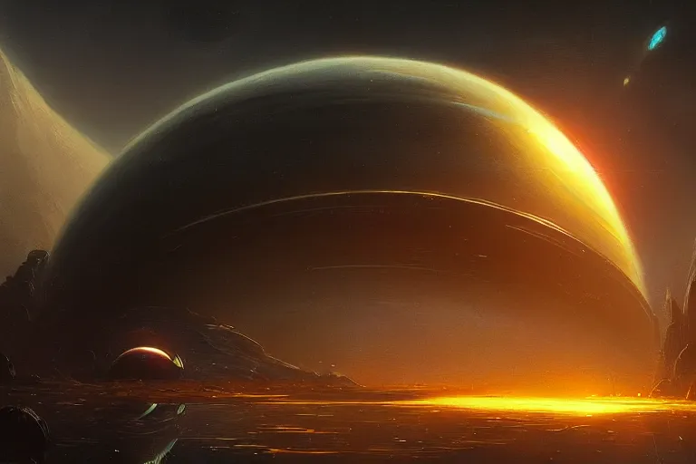 Prompt: an ultra detailed digital painting of a single neon perfect sphere alien planet in space, orbiting disc shaped spaceships, wide shot cyberpunk matte painting artstation by greg rutkowski johan grenier pascal blanche nasa albert bierstadt john harris cathrin machin