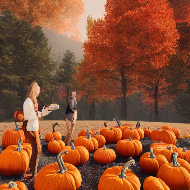 Prompt: pumpkin headed people ordering pumpkin coffee at a maple coffee stand, maple trees with fall foliage, on a mountain in new hampshire, volumetric, realistic, cinematic lighting, ray tracing, unreal engine 5, octane render, hyper realistic, photo, 8 k