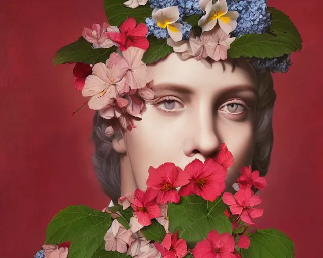 Prompt: a beautiful fine art portrait photo of a nuclear warhaed bomb covered by hibiscus, daffodils, hydrangea, montsera leaves by tom bagshaw and zach sutton, very detailed, artstation, 8 k