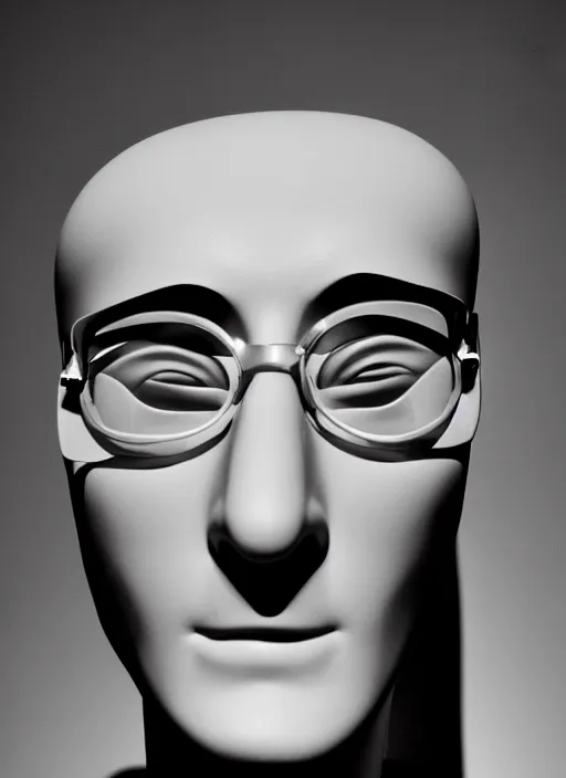 Image similar to a fashion photograph of a mannequin head of John Lennon, 35mm, pentax, studio lighting