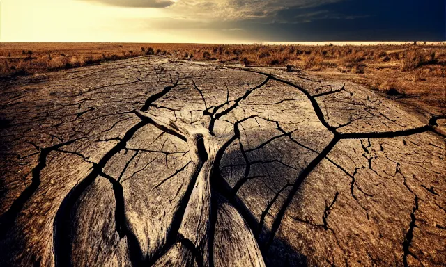 Image similar to medium shot of a nondescript crying ancient dried up Danu, peaceful, facing the camera and standing in front of a dried up river in a desolate land, dead trees, blue sky, hot and sunny, highly-detailed, elegant, dramatic lighting, artstation, 4k, cinematic landscape, photograph by Elisabeth Gadd