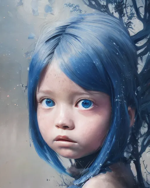 Image similar to a highly detailed oil painting of A little girl, in professional makeup, with medium length blue hair covering an eye, and a tall tree, and large obsidian crystals, cinematic lighting, dramatic atmosphere, by Dustin Nguyen, Akihiko Yoshida, Greg Tocchini, Greg Rutkowski, Cliff Chiang, 4k resolution, trending on artstation