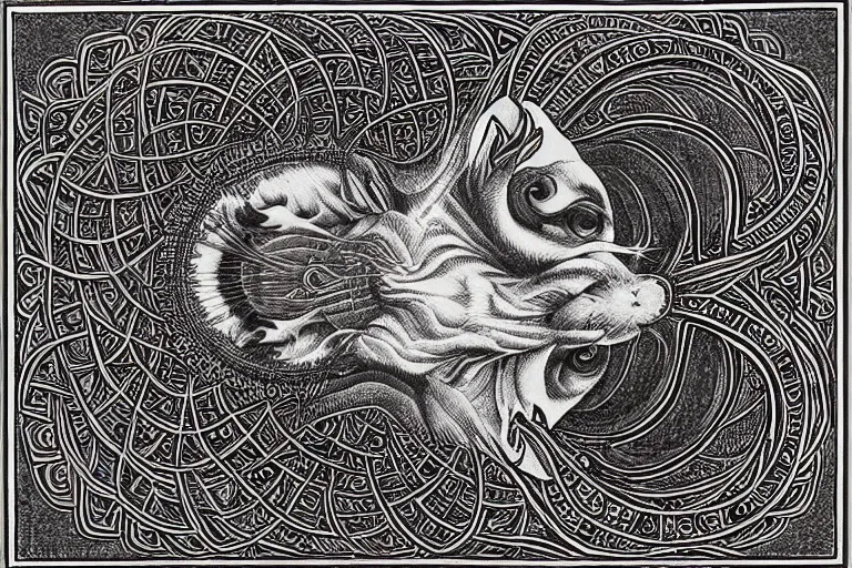 Image similar to an ornate illustration in the styles of mandalas and fractals, the styles of escher and penrose, depicting a weasel staring deep into the heart of the impossible all - and - nothing of the emerging singularity ; / what has god wrought? / he seems to be whispering.