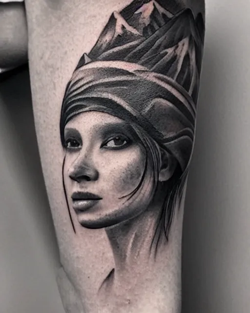 Image similar to tattoo design sketch of a beautiful woman face faded in a background of beautiful mountains and nature on her side, hyper - realistic, in the style of den yakovlev, amazing detail, black and white