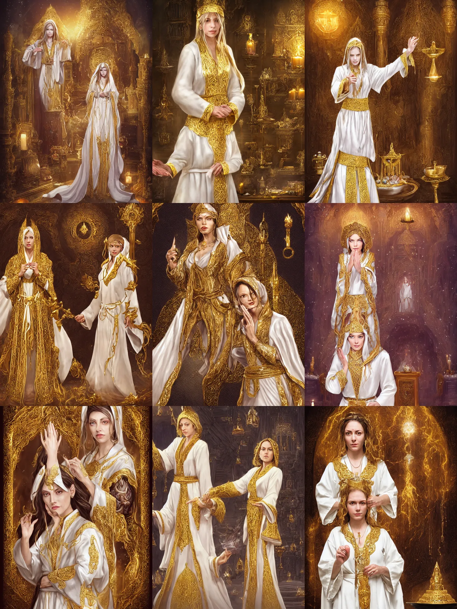 Prompt: Full portrait of a single Cleric Lady, pearl white robes with golden details, beautiful, detailed face, dark brown skin, supernatural golden eyes, golden straight hair, bracelets, floating, spellcasting, Temple interior with an altar and followers at the filled background, highly detailed, high fantasy, dnd, d&d, dungeons and dragons, smooth, sharp focus, no extra characters, digital illustration, by Krenz Cushart and Artem Demura and alphonse mucha, artstation, HD, 4K, midjourney