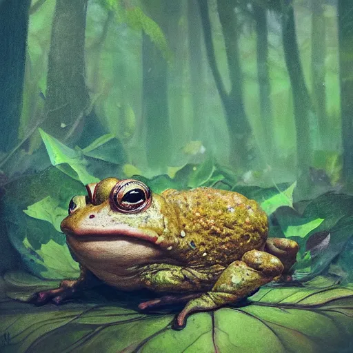 Image similar to soulful long shot of a crazy toad baby hiding under a leaf, by esao andrews, by m. w. kaluta, ultra humorous illustration, small depth of field, perspective perception, volumetric light, psychedelic colors, 3 d octane render, 8 k, conceptart, hyperdetailed, hyperrealistic, trending on artstation