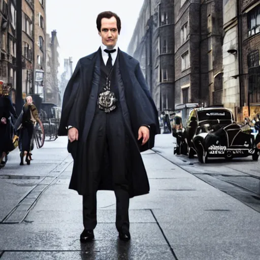Image similar to [UHD candid photo of Professor Moriarty on the streets of futuristic steampunk London, correct face, accurate details, graphic detail, sharp focus by Annie Leibowitz]