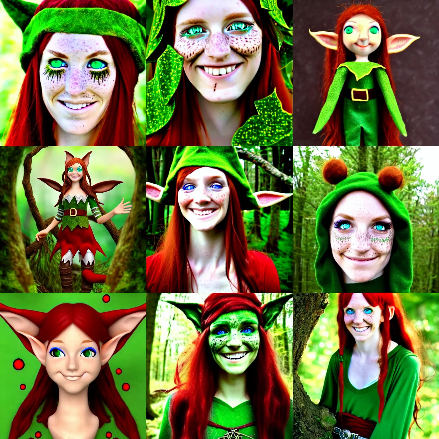 Image similar to elf druid, feminine, smiling, freckles, green eyes, red hair, tall