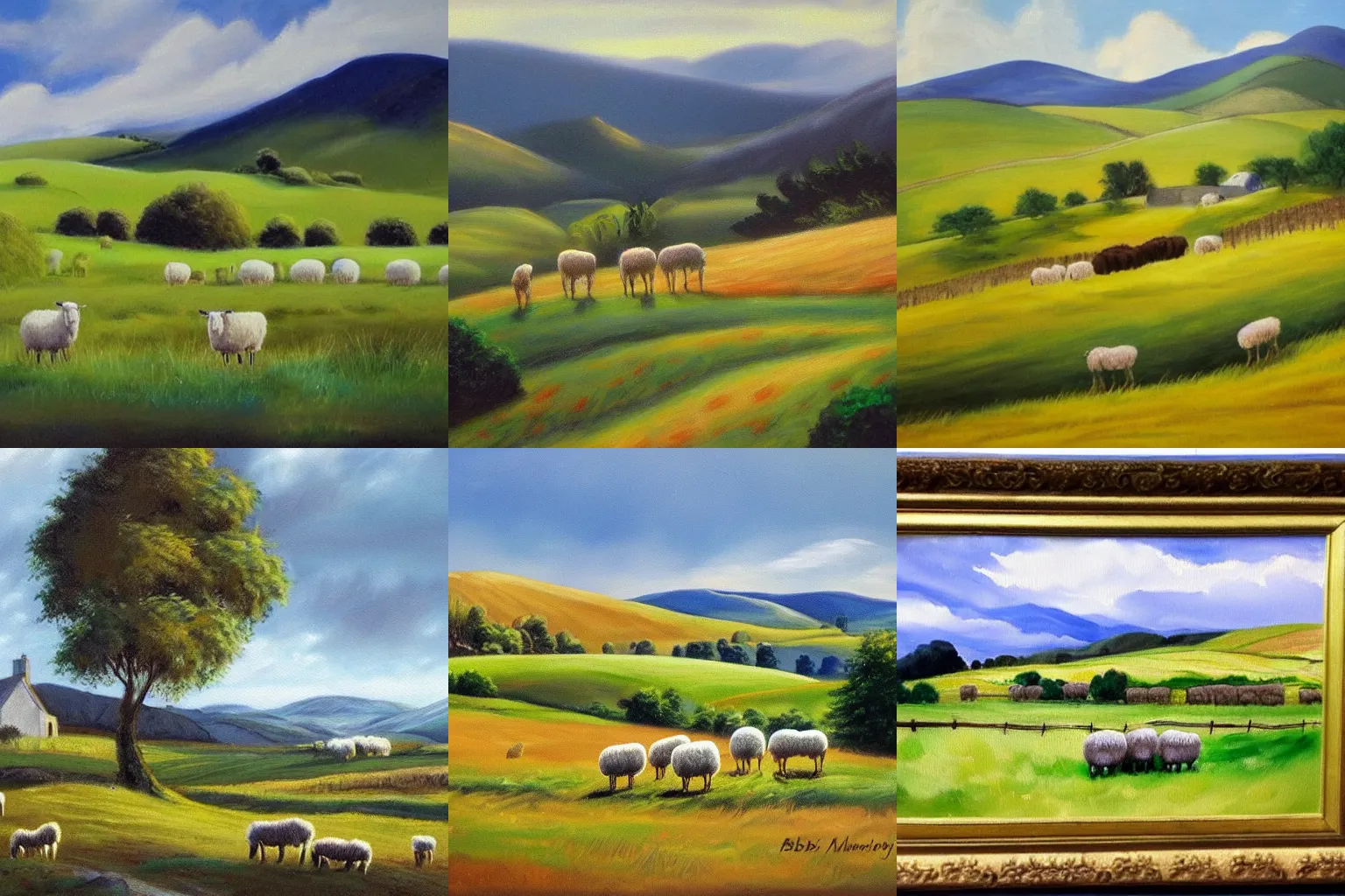 Prompt: bob ross painting of Irish farm with rolling hills and sheep