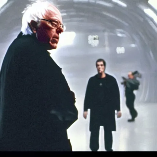 Prompt: Bernie Sanders as Neo in the Matrix, fighting Agent Smith, in screenshot from the Matrix movie