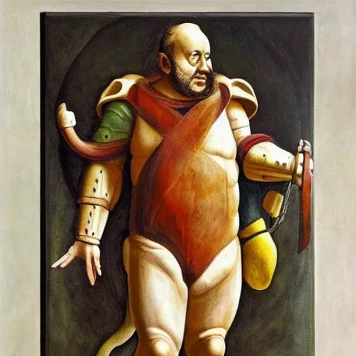 Prompt: Danny Devito as God dressed in a holy exosuit preparing to fight the devil, heaven, surreal, Leonardo Divinci inspired, Michael Angelo inspired, Painting, Religious art
