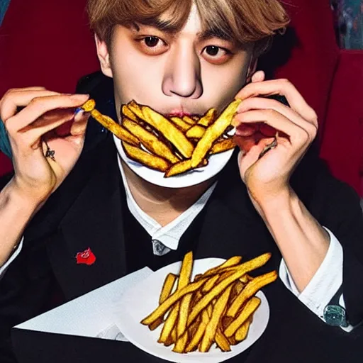 Prompt: taehyung eating gucci fries, 6 0 0 0 dollar fries fried by gucci, renaissance painting, highly detailed