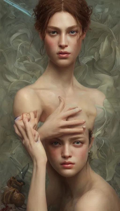 Image similar to epic masterpiece gossip girl on the market, sweaty skin, hyperrealistic, octane render, cinematic, beautiful face and flawless skin, perfect hands, 5 fingers, by Edgar Maxence and Ross Tran and Michael Whelan, Legends of Runeterra