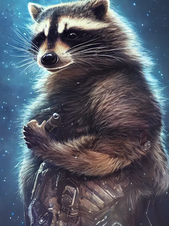 Prompt: a beautiful hyper realistic detailed portrait of an angry space warlord raccoon with an ultradetailed suits, dramatic lighting, dynamic lighting, cinematic lighting, by artgerm, charlie bowater and harumi hironaka, retrowaves, featured on artstation