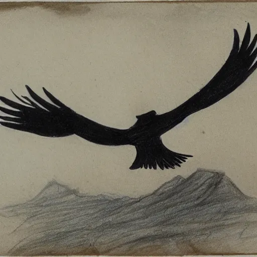 Prompt: drawing of a black eagle flying over a forest